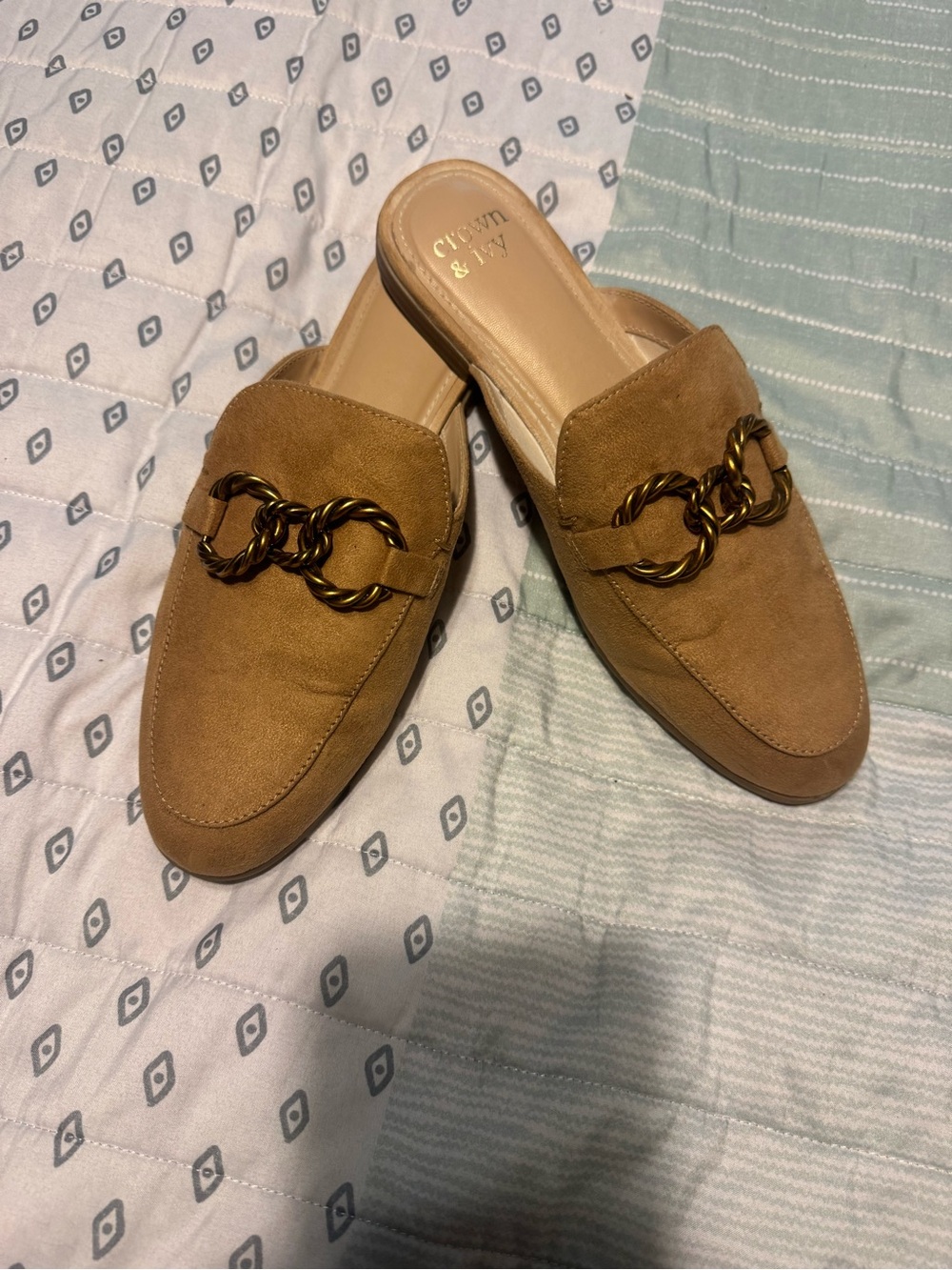 crown & ivy Tan Suede Chain-Link Mule Slides
